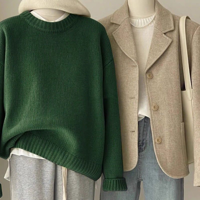 Retro Dark Green Sweater For Women Autumn And Winter Loose