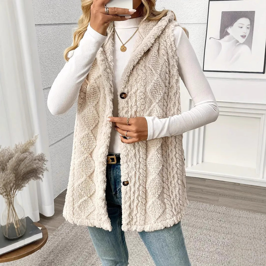 Solid Color Double-sided Plush Hooded Button Cardigan Casual Women Autumn And Winter Vest