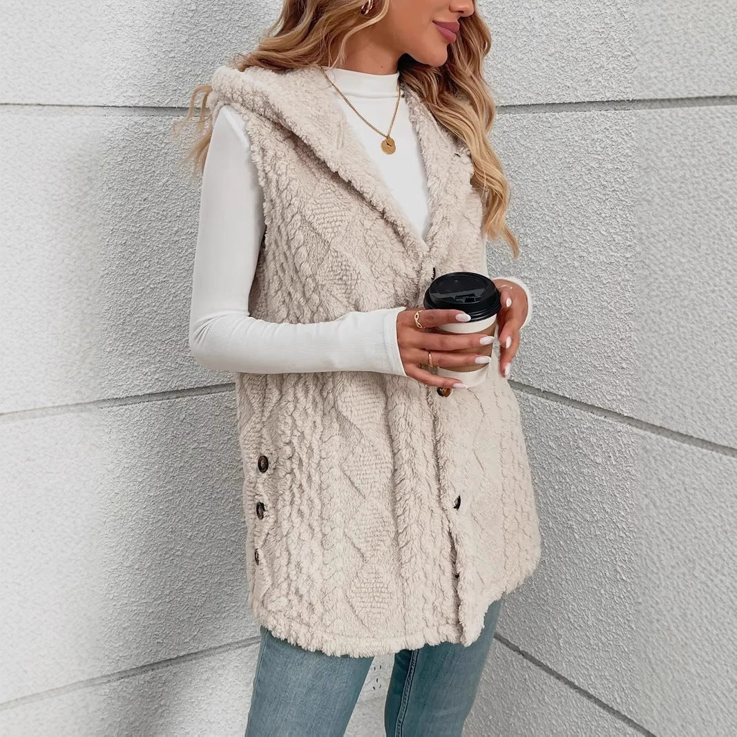 Solid Color Double-sided Plush Hooded Button Cardigan Casual Women Autumn And Winter Vest