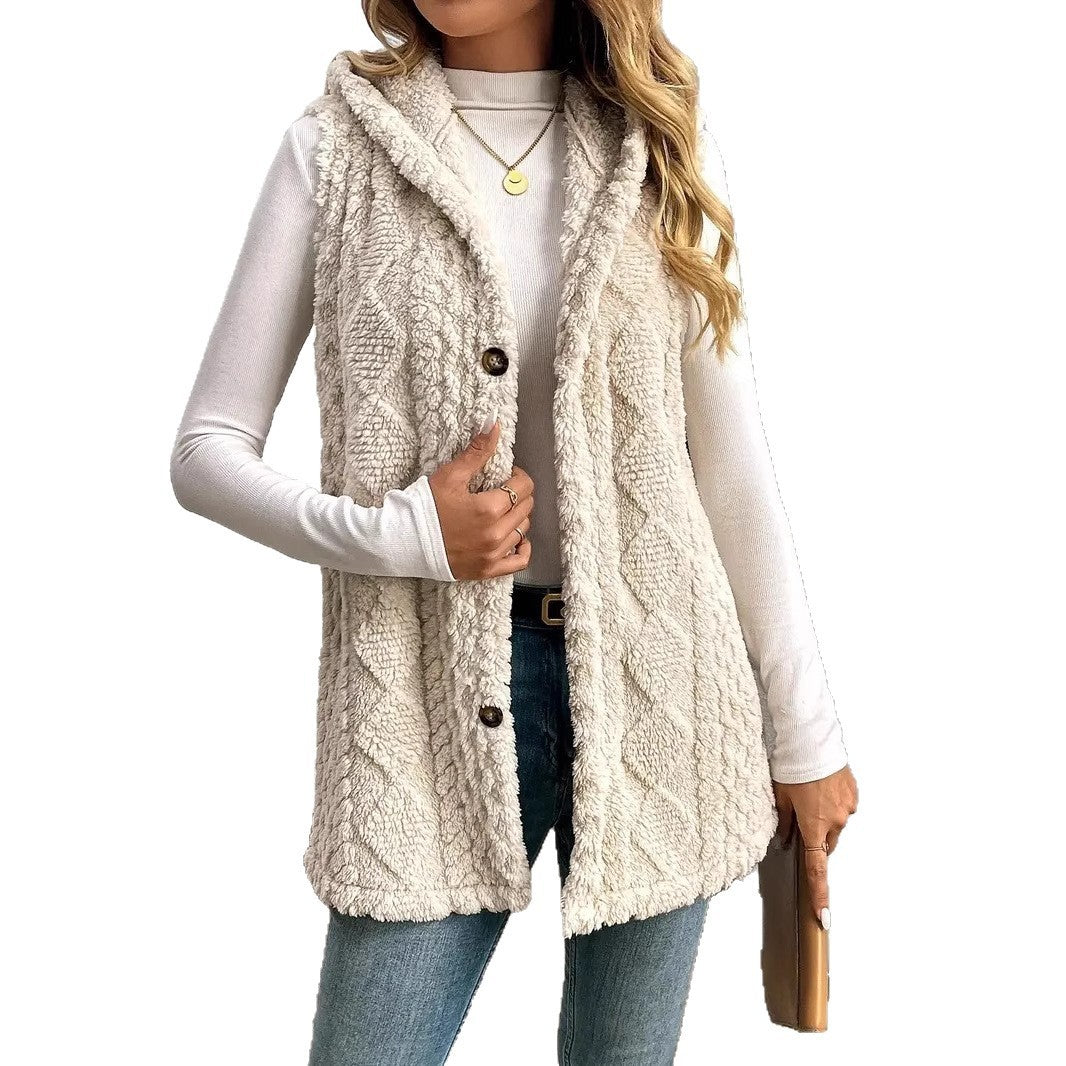 Solid Color Double-sided Plush Hooded Button Cardigan Casual Women Autumn And Winter Vest