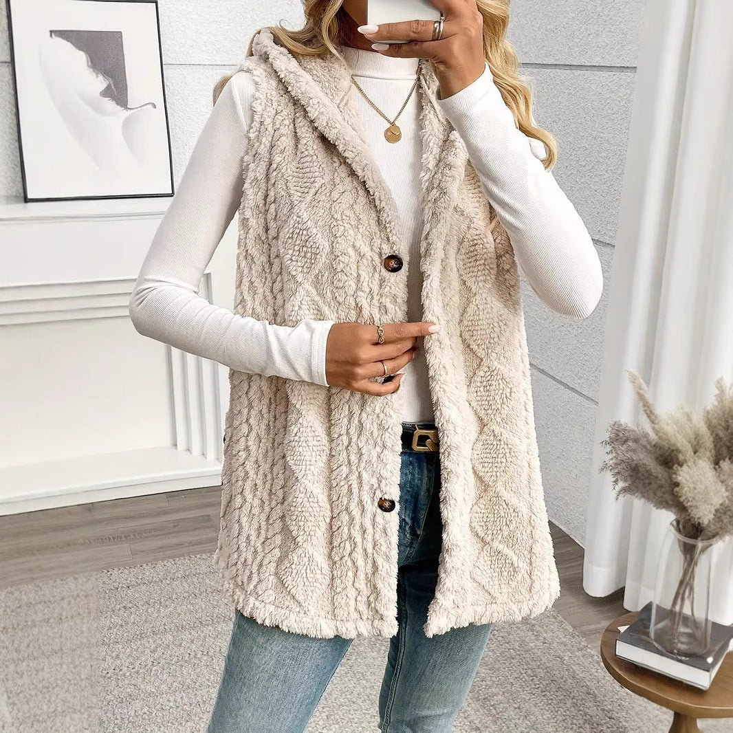 Solid Color Double-sided Plush Hooded Button Cardigan Casual Women Autumn And Winter Vest