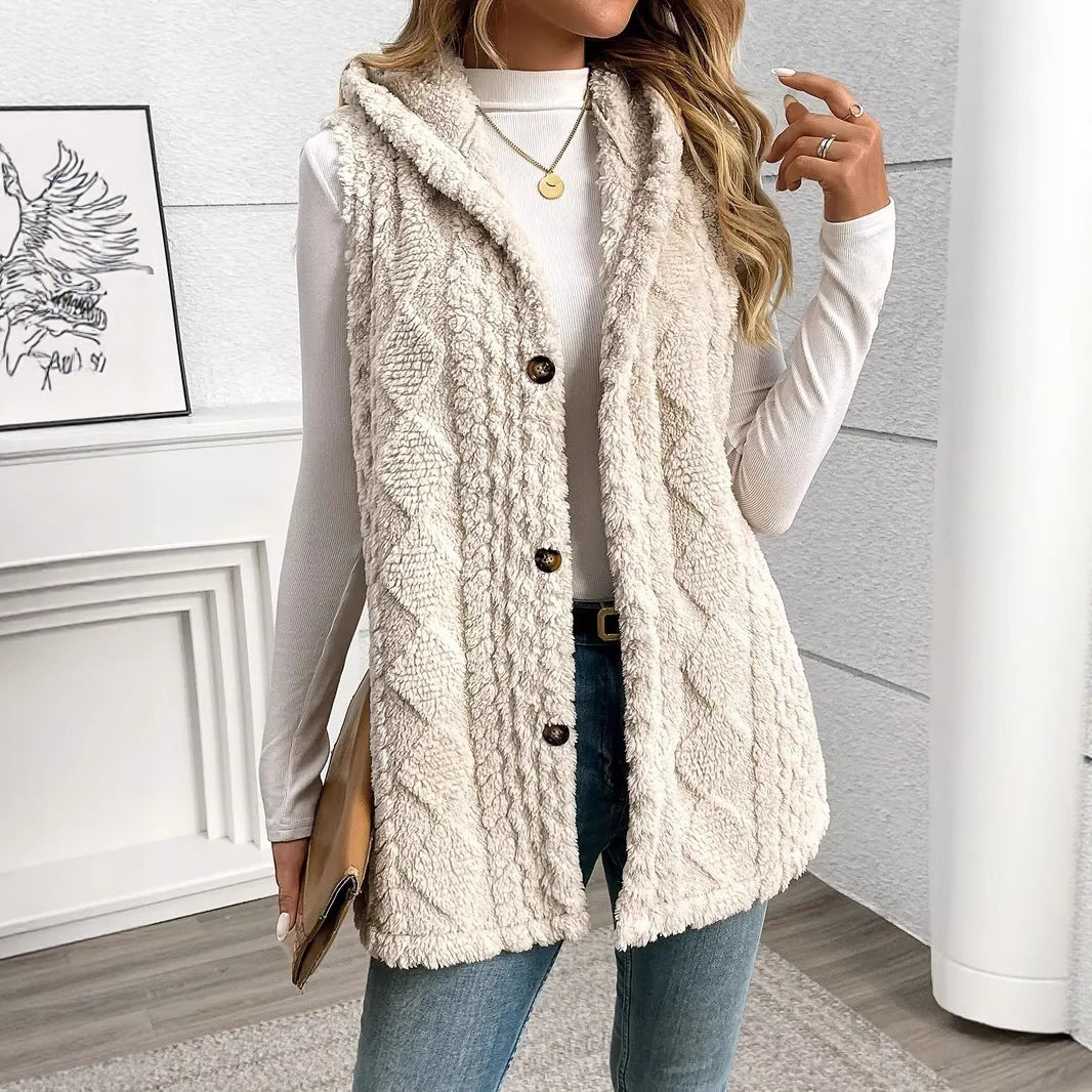Solid Color Double-sided Plush Hooded Button Cardigan Casual Women Autumn And Winter Vest