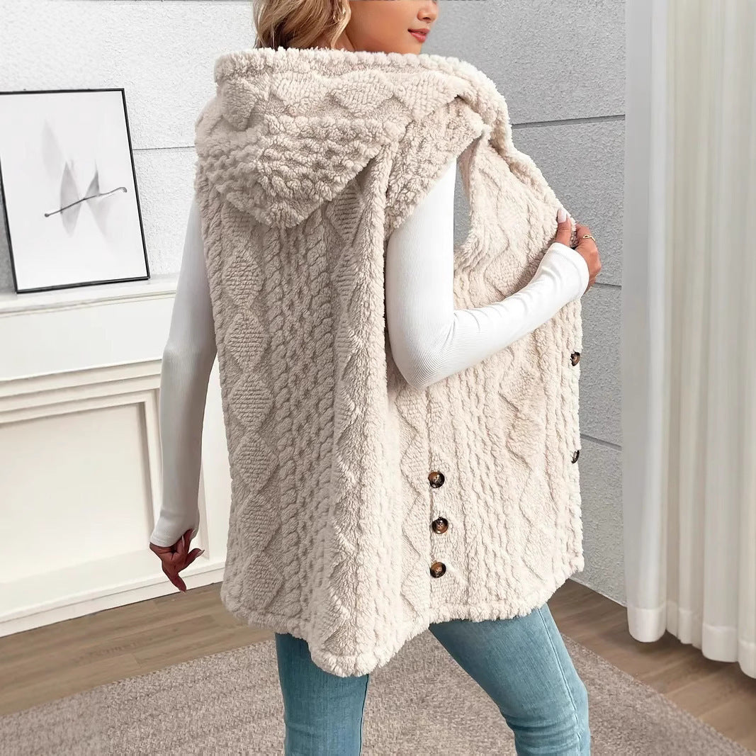 Solid Color Double-sided Plush Hooded Button Cardigan Casual Women Autumn And Winter Vest